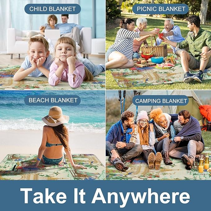 Blue and White Chinese Folk Chinoiserie Style Waterproof Outdoor Picnic Blanket Sandproof Beach Mat for Camping Hiking Grass Travelling