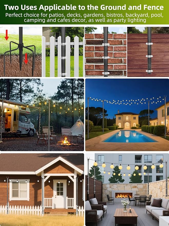 String Light Poles for Outside 4 Pack 10ft Metal Outdoor String Light Poles for Deck - Ideal for Patio Garden Yard Front Porch Decorations Black