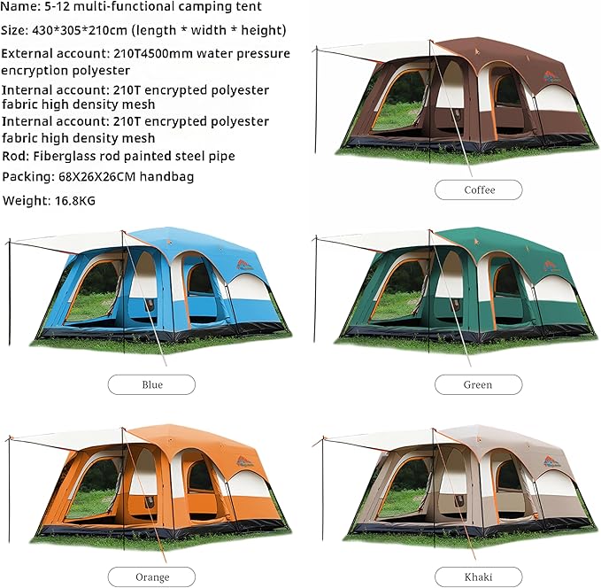 Large Family Standing Upright Camping Tent - 5-12 Persons Multi-Room Waterproof Tent with Screened Porch - Glamping Tent for Outdoor Camping &amp Family Vacation