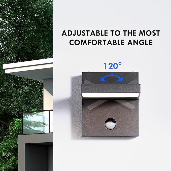 Motion Sensor Outdoor Rotatable Wall Light Exterior LED Fixture Aluminum Wired Porch Lamps Adjustable Sconce Black Front Door Lantern for Patio Garden Garage Yard
