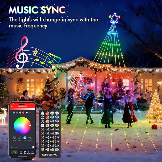 12FT Outdoor Christmas Decorations Smart RGB Color Changing Christmas Hanging Waterfall String Lights APP Remote Control DIY Multi-Color Lightshow Music Sync Outside Xmas Lights Decor