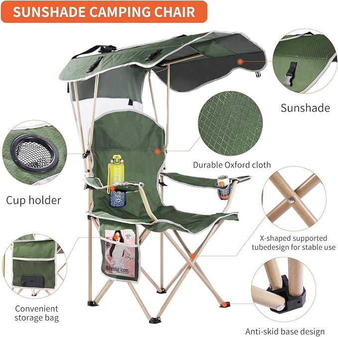 Portable Camping Chair with Canopy - Folding Chair with Canopy Durable 600D Oxford Canopy Chair for Camping Beach Picnics Fishing &amp Sports