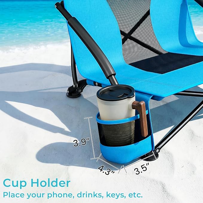 TLSUNNY 28.5″ High Back Folding Beach Chair for Adults W/Carry Bag Portable Low Beach Chair W/Mesh Back &amp Padded Armrest Cup Holder for Camping Outdoor Travel 2pack 350LBS (Blue)