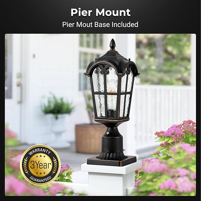 VIANIS Dusk to Dawn Outdoor Post Light Black 1-Pack Lamp Posts Outdoor Lighting with Pier Mount Base Waterproof Aluminum Outside Post Lights for Garden Patio Pathway (Hardwired 120VAC)