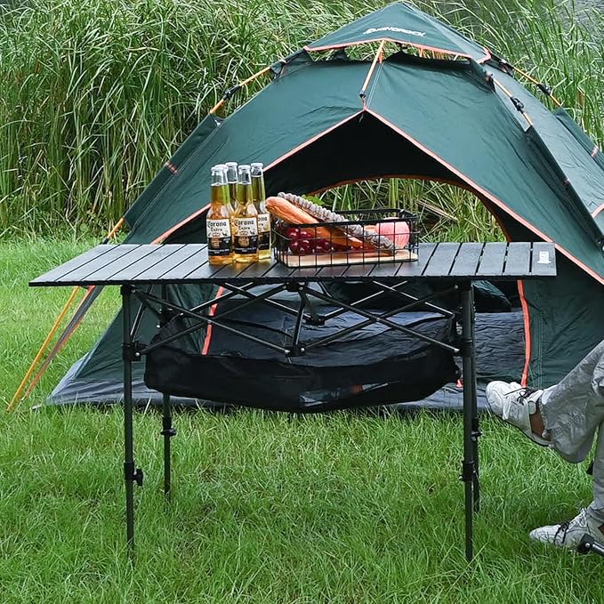 KINGROCK Camping Table Foldable Height Adjustable Aluminum Roll Up Table with Easy Carry Bag for Outdoor Camping Backyard BBQ Beach and Picnic (Black)