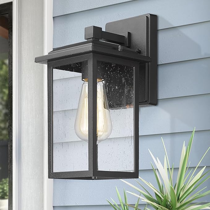 Outdoor Wall Sconce 1 Pack Exterior Light Lantern Fixture Porch Lights Lamp Outdoor Wall Mounted in Black Finish with Seeded Glass for House Garage Patio Yard Garden