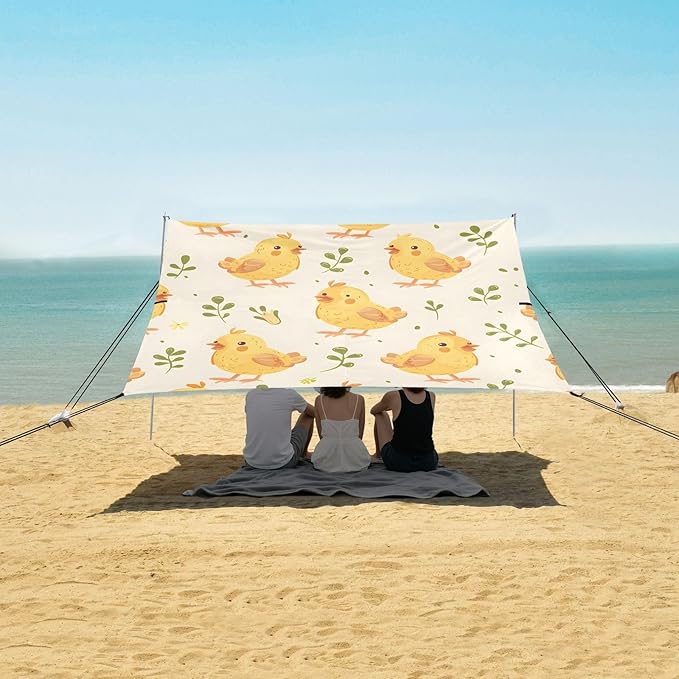 Seamless Pattern Cartoon Chick Camping Sun Shelter Beach Tent Portable Beach Sun Shade Outdoor Canopy for Camping Trips Fishing Picnic