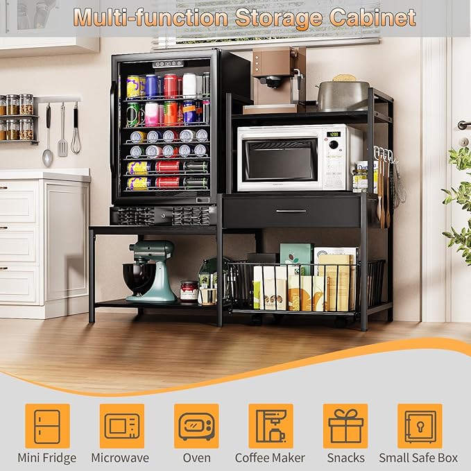 Bakers Rack with Mini Fridge Stand &amp Microwave Shelf – Coffee Bar with Drawer Rolling Basket Storage &amp Hooks – Heavy Duty Kitchen Organizer for Apartments Dorms &amp Living Rooms Black