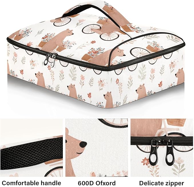 Casserole Carrier Cute BearInsulated Casserole Carrier for Hot or Cold Food Thermal Lunch Tote for Potluck Parties Picnic Beach Fits 9 x 13 Inches Baking Dish