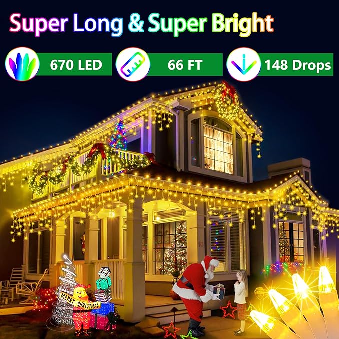 66FT 670 LED Christmas Lights 148 Ice Drops 12 Modes and Timer Memory Dimmable Outdoor Waterproof Hanging String Light for Xmas Holiday Wedding Garden Fence House Tree Outside Decor (Warm White)