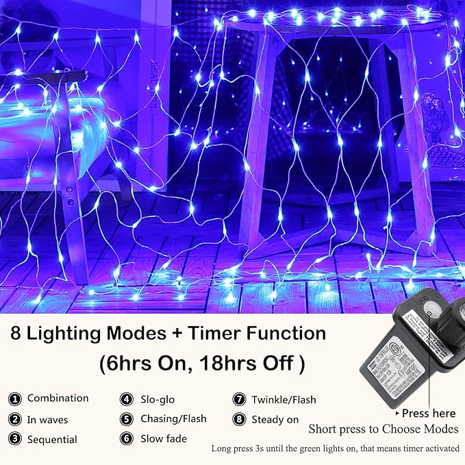 Joomer Christmas Net Lights - 12FT x 5FT 360 LED Plug-in Mesh Lights Waterproof with 8 Modes Timer Connectable for Bushes Trees Garden Outdoor Christmas Decor (Clear Wire Blue)