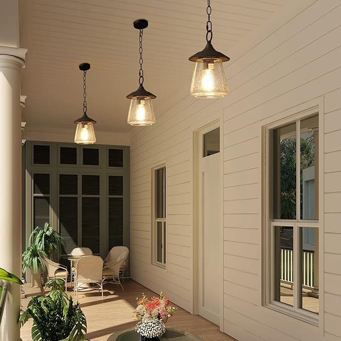 LOG BARN Outdoor Pendant Lights Porch Fixture in Painted Black Metal with Clear Bubbled Glass Globe Hanging Lantern Lamp for Gazebo Entry Yard