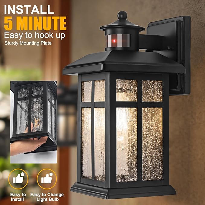 Motion Sensor Outdoor Wall Lights 2 Packs- Updated Dusk to Dawn Outdoor Lighting Exterior Light Fixtures with E26 Sockets &amp Tempered Glass Wall Mounted Black Waterproof Outdoor Lights for House