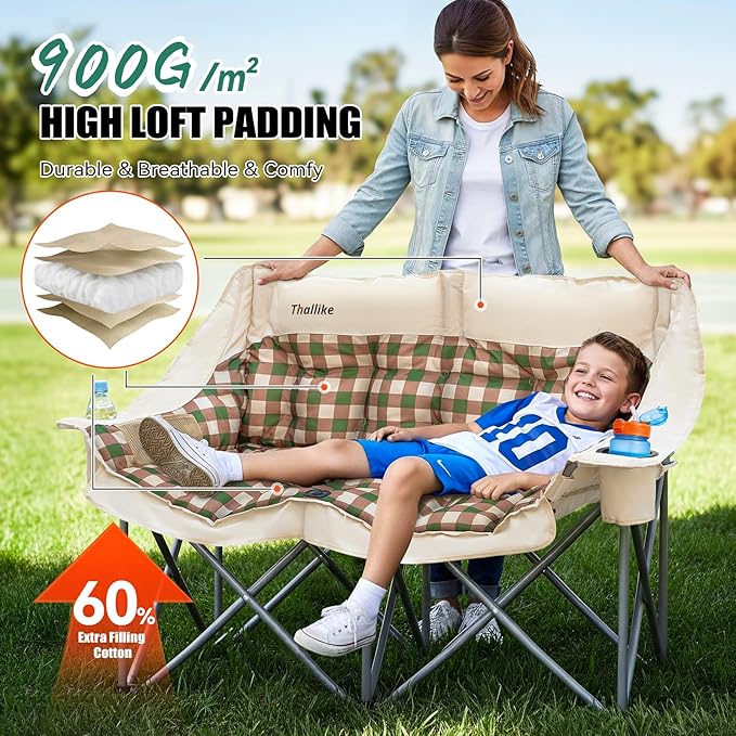 Double Camping Chair Oversized 2 Person Camp Chairs with Cup Holders Side &amp Backrest Mesh Pockets Padded Loveseat Camping Chair Foldable for Outdoor Lawn Backyard Beach Support 800LB