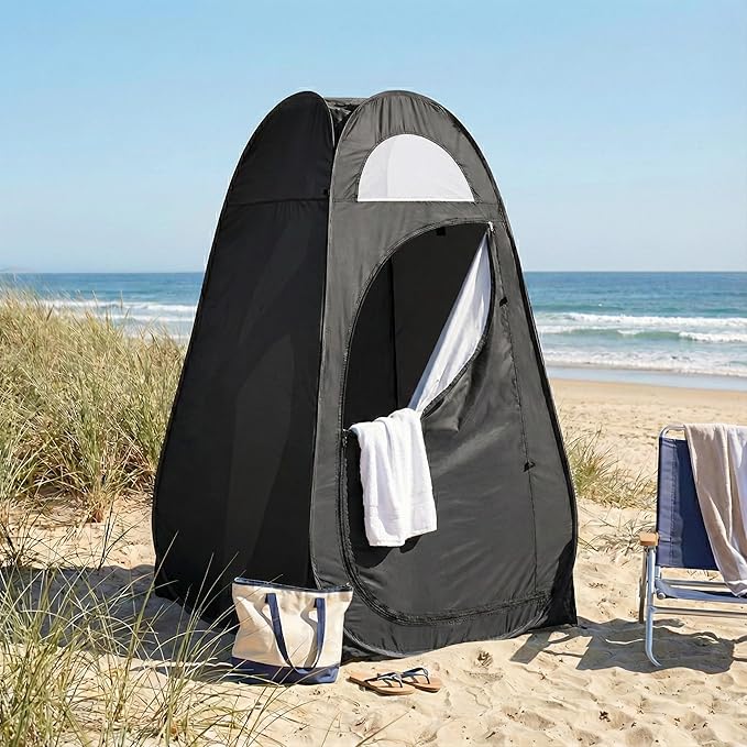 4x4ft Pop Up Privacy Shower Tent with Top Window 3.6lbs Liightweight Dressing Room Portable Toilet Stall with Carry Bag for Camping Beach Outdoors (Black)