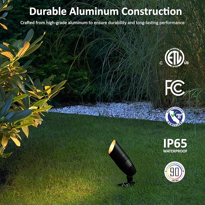 Low Voltage Landscape Spotlights Outdoor Tree Lights Wired LED 7W 5CCT Uplighting Outdoor 12V Landscape Spot Lights for Tree Wall Flag House Aluminum Black ETL Pack of 6