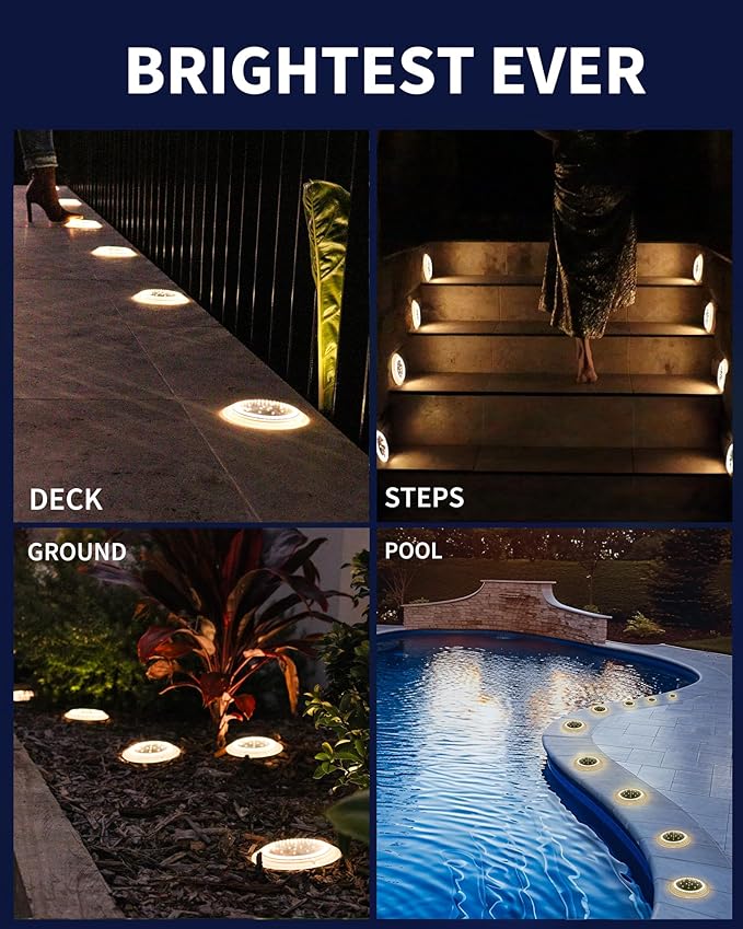 Solar Dock Lights Crazy 48 LEDs Super Bright Disc Driveway Light Outdoor Waterproof Flat Low Profile Anti-Trip &amp Anti-Slip for Marine Ground Pool Pier Deck (Warm White 8Pack)