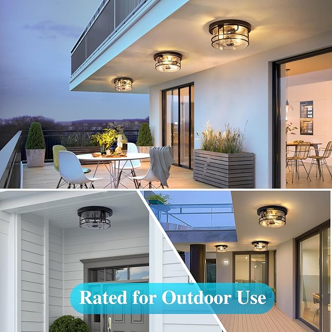 Outdoor Ceiling Light with Motion Sensor Flush Mount Round Porch Light Industrial 2-Light Dusk to Dawn Ceiling Light Fixture with Clear Glass for Entryway Garage Front and Back Yards Black