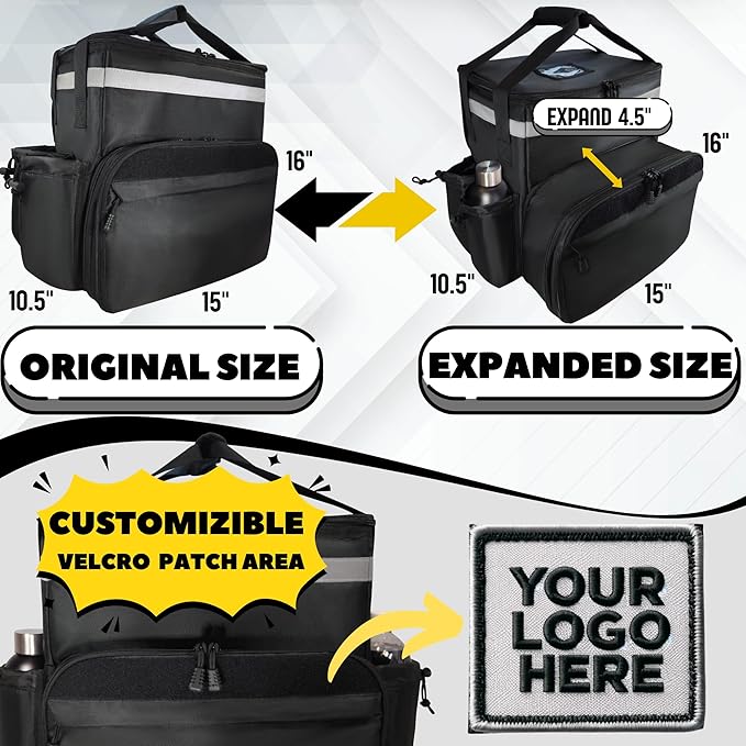 Insulated Food Delivery Backpack made with Expandable 1680D commercial-grade fabric features customizable Velcro patch area for branding ideal for bike deliveries Uber Eats DoorDash Grubhub