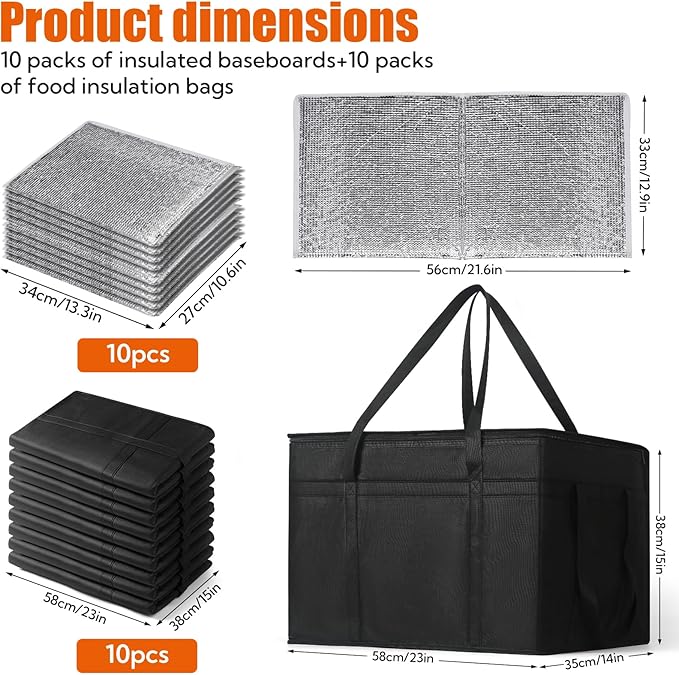10 Pack Insulated Food Delivery Bags Bulk Insulated Bag XXXL Pizza Delivery Bags Foldable With Hard Bottom Insulated Cooler Bag for Grocery Catering Travel Hot/Cold Food Transport