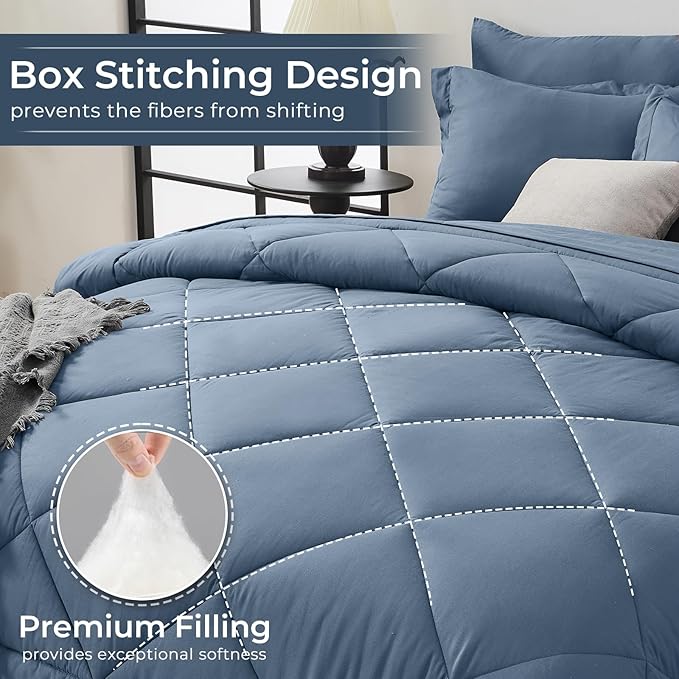 HEVUMYI Dusty Blue Cali-King Comforter Set - 7-Piece All Season Bed in a Bag Cali-King Ultra Soft Bedding Set with Comforter Flat Sheet Fitted Sheet Pillowcases Pillow Shams