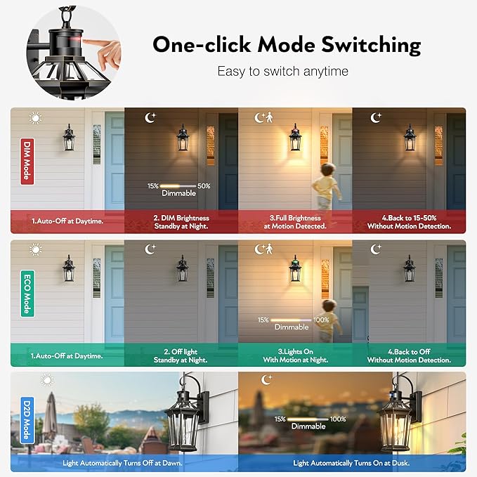 VIANIS Motion Sensor Outdoor Wall Lights Dusk to Dawn Exterior Light Fixture Wall Mount for House Front Porch Light Black Anti-Rust Aluminium Modern Outdoor Wall Sconce Lantern for Garage 2 Pack