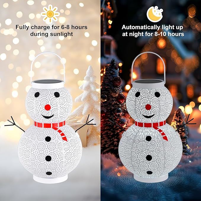 Christmas Decorations Snowman Solar Lantern - Snowman Solar Hanging Lantern Outdoor Waterproof -Metal Standing Solar Powered LED Lantern Decorative Lights for Outside Garden Yard Porch - White