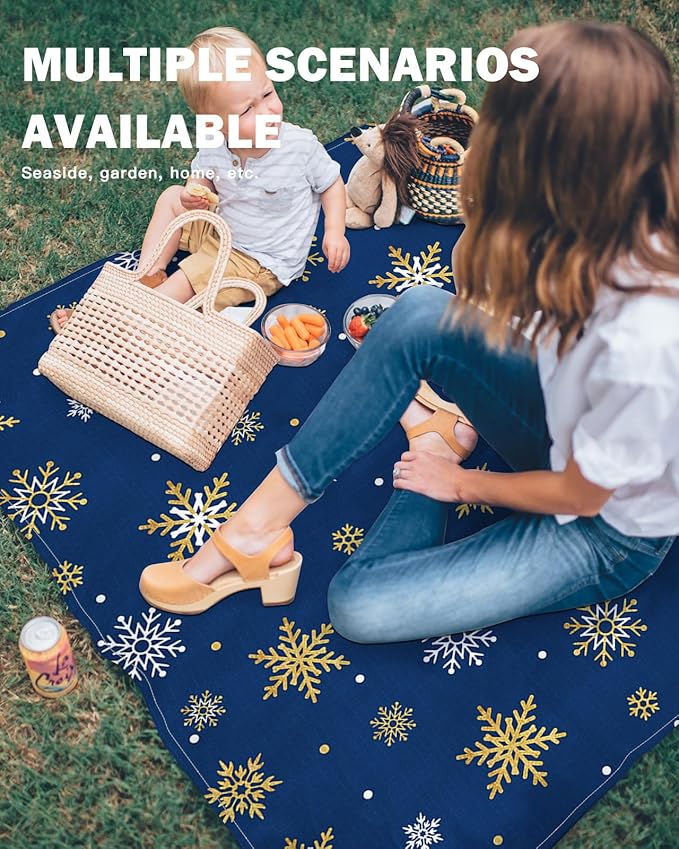 Beach Blanket Waterproof Sandproof OversizedChristmas Golden Winter Snowflake Blue Back Beach Mat with Corner Stakes Sand PocketsWhite Snowflakes Seamless Outdoor Picnic Mat for Travel 95x80In