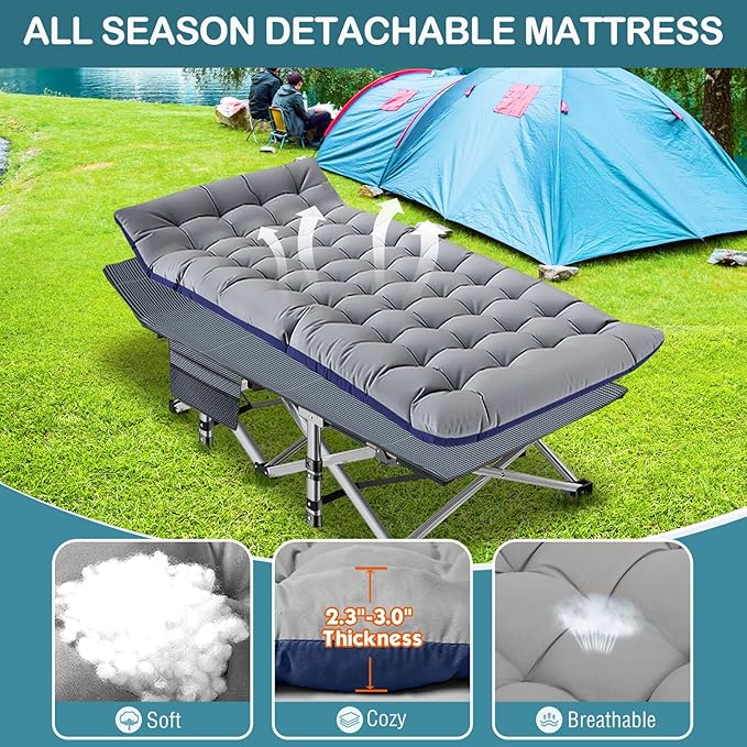 NAIZEA Folding Camping Cots for Adults Folding Cot with Mattress Camping Foldable Bed Portable Military Cot Double Layer Oxford Strong Heavy Duty Sleeping Cots w/Carry Bag for Camp Office Travel