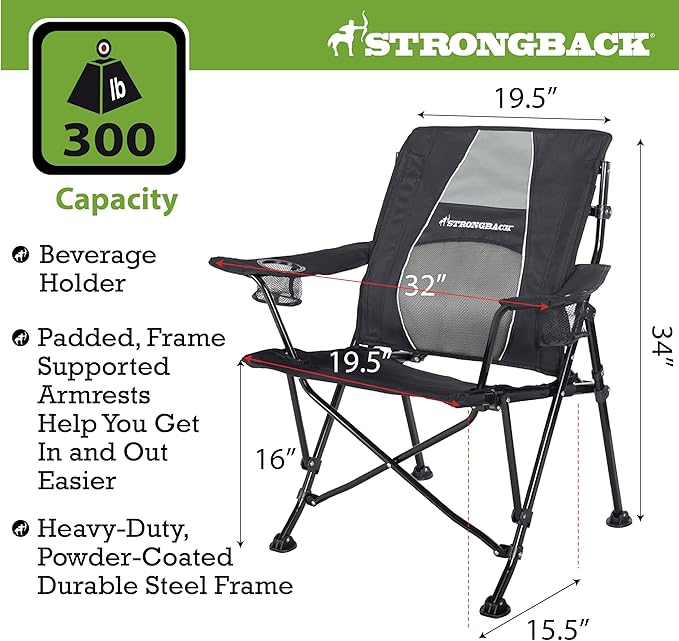 STRONGBACK Camping Chair Guru Heavy Duty Camping Chairs with Lumbar Support - Backpack Folding Camp Chair - Black