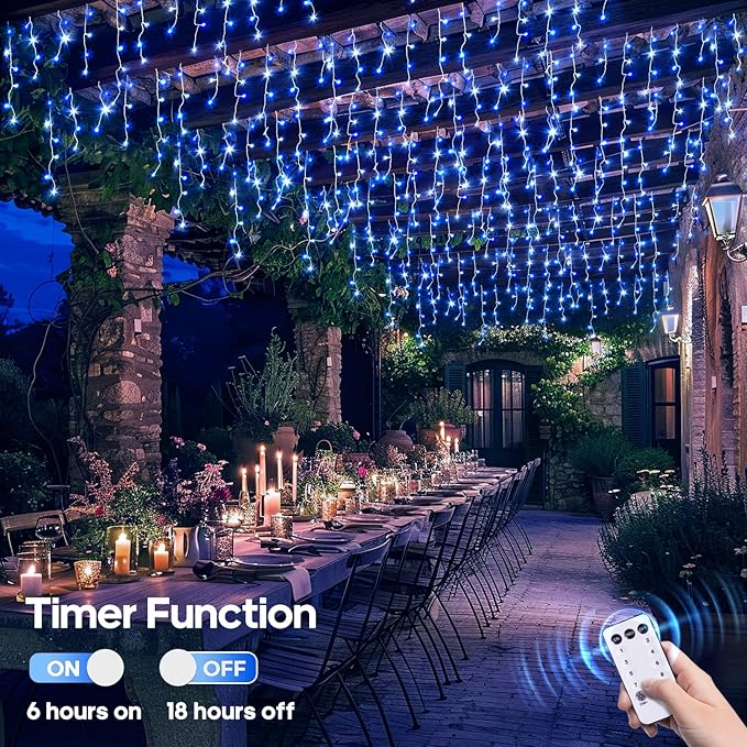 JMEXSUSS Blue&ampWhite Icicle Lights - 38.8FT 400 LED Icicle String Lights with Remote for Indoor/Outdoor House Bedroom Fireplace Birthday Christmas Decorations