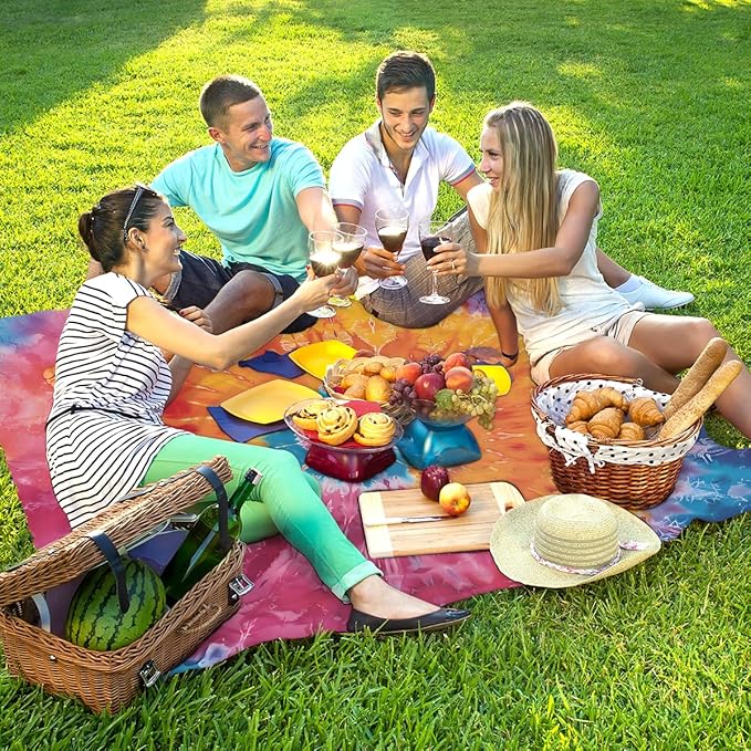 Waterproof Sandproof Beach Blanket 59''×68'' Pattern Tie Dye Polyester Outdoor Picnic Blanket with 4 Stakes &amp Storage Bag for BeachCampingVacation Red &amp Orange