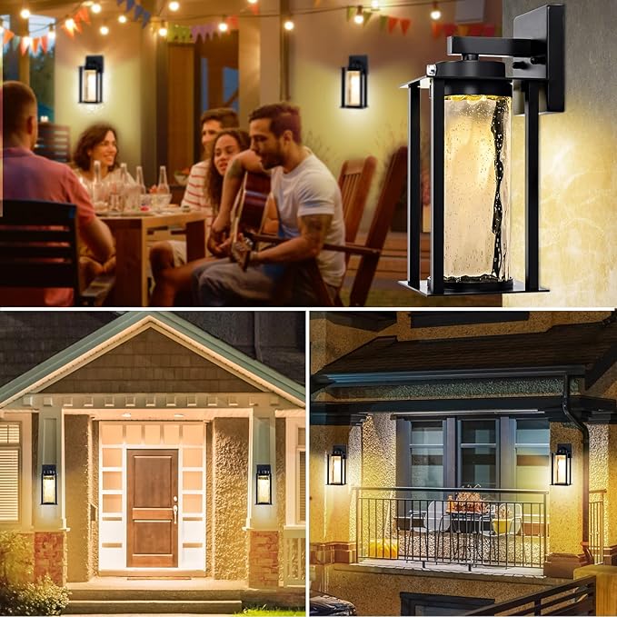 LED Dusk to Dawn Outdoor Light Fixtures - 2 Packs Modern Porch Lighting with Attractive Glass 13W 3000K LED Exterior Sconce Wall Mount with Photocell Sensor for House Front Garage Door Waterproof