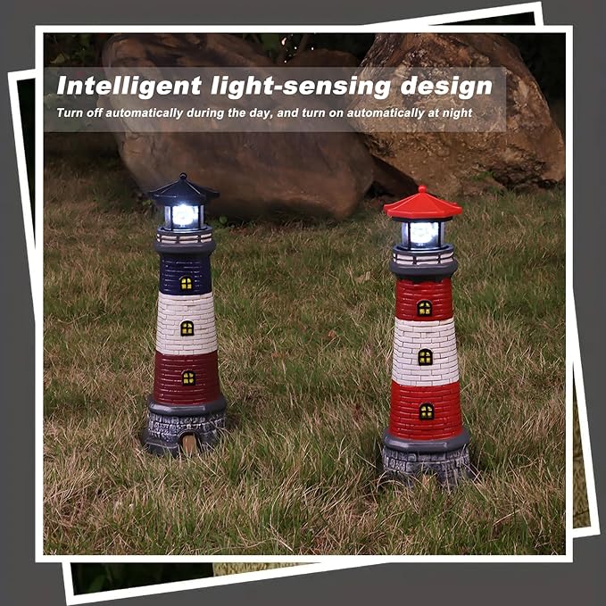 Solar Lighthouse Garden Outdoor Statues Waterproof Lawn Lights Decor Automatic Rotating Solar Lights for Yard Patio Ground Tabletop Decoration Unique Housewarming Gifts - Black