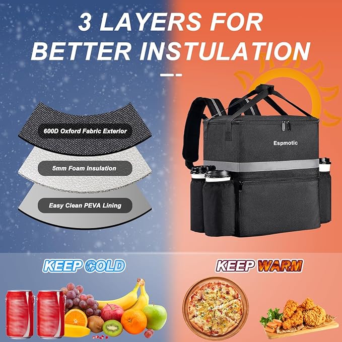 Insulated Food Delivery Backpack - Large Capacity Leakproof with 4 Reinforced Cup Holders Optimized for Hot/Cold Food Delivery Ideal for Uber Eats DoorDash Postmates &amp More