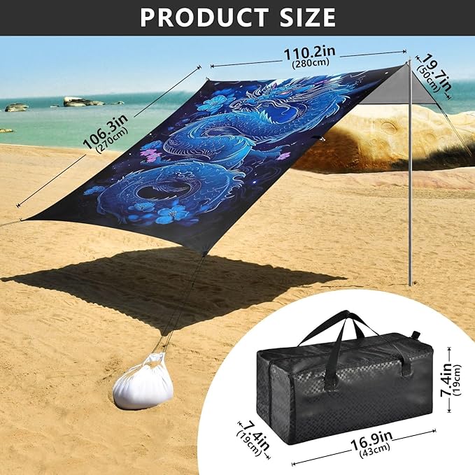 Blue Dragon Beach Tent Sun Shelter 9.2' x 10.5' Beach Canopy with 4 Sandbags 4 Stability Poles Sand Shovels - Tent Canopy for Beach Camping Fishing Picnics