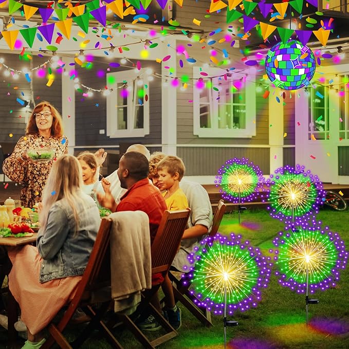 4th of July Decorations Outdoor 4 Pack Colored Solar Firework Lights with 180 LED Patriotic Solar Lights 8 Lighting Modes for Yard Pathway Garden Patio Party Decorations(Green Yellow Purple)