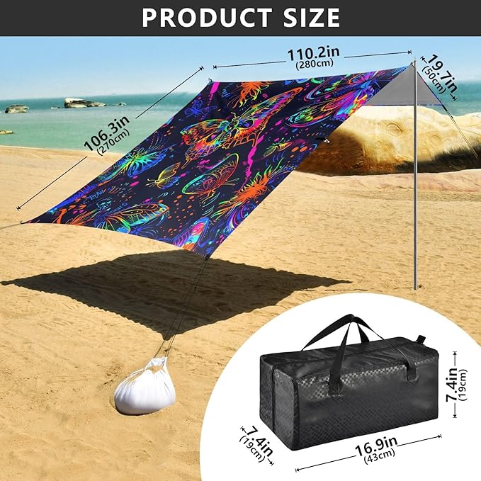 ALAZA Neon Line Butterfly Beach Tent Sun Shelter UPF50+ Protection Beach Shade Canopy w/ 4 Sandbags for Outdoor Camping Fishing Backyard Fun Picnic 10x9 ft