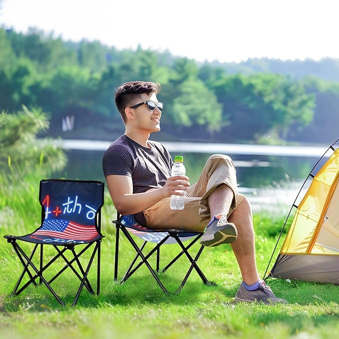 4th of July Independence Day Red American Flag Portable Camping Chairs for Adults Lightweight Compact Folding Chair Carry Bag Included Lawn Chairs for Travel Concert