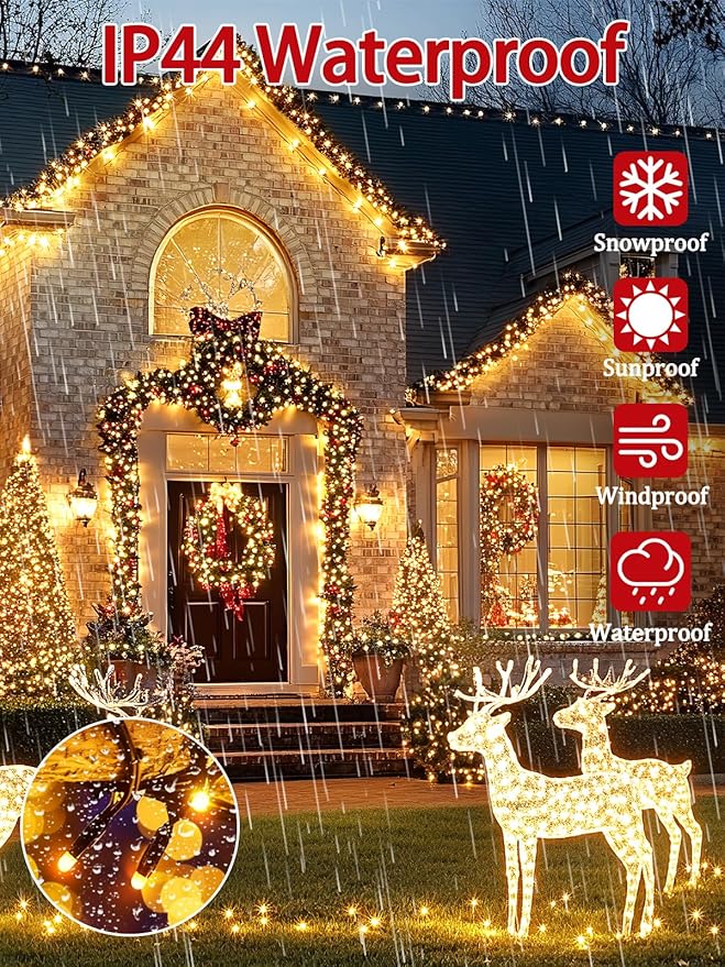 2-Pack 66FT 200 LED Christmas Lights 13 Modes Extendable Christmas Tree Lights with Timer &amp Memory Waterproof Twinkle Fairy Lights Green Wire Outdoor String Lights Indoor for Xmas Tree (Warm Whi