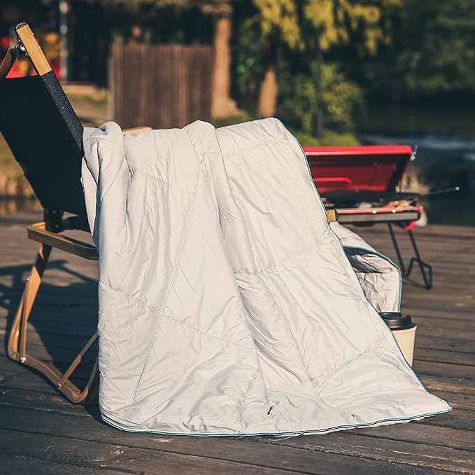 Sonive Blanket 52x75 Packable Compact Blanket Weatherproof Outdoor Down Alternative Throw Puffy Warm Quilt for Camping Hiking Backpacking Picnic Stadium Light Gray