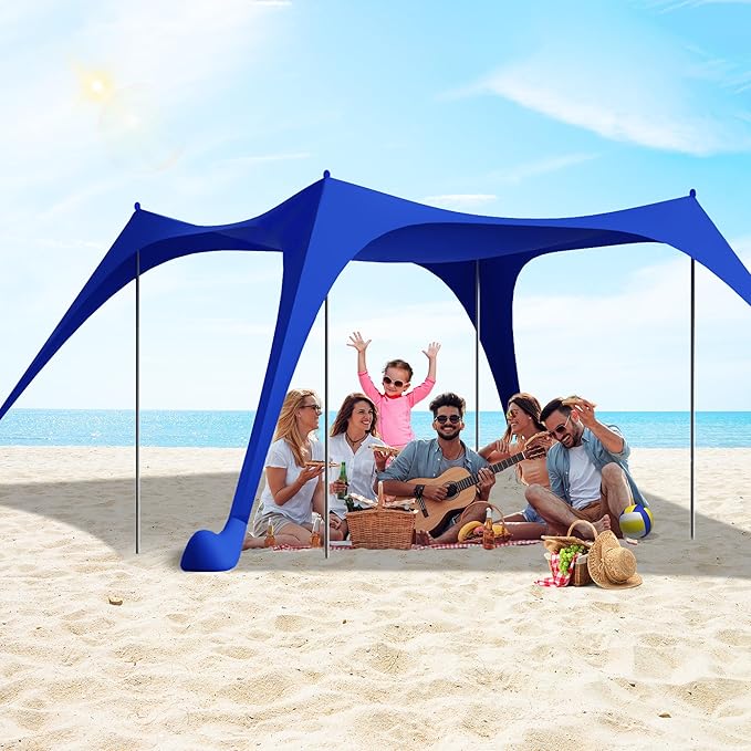 Beach Tent Sun Shelter UPF50+ with Sandbags Sand Shovel &amp Windproof Poles - Portable Pop Up Canopy for Beach Camping Picnics Backyard &amp Fishing (Royal Blue10x10FT)