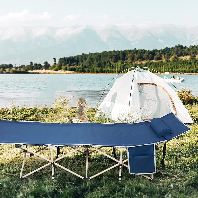 Folding Camping Cots Portable Camping Cot for Adults with Carry Bag Pocket Pillow Outdoor Camping Sleeping Bed for Hiking Traveling Easy to Carry&ampStore Blue