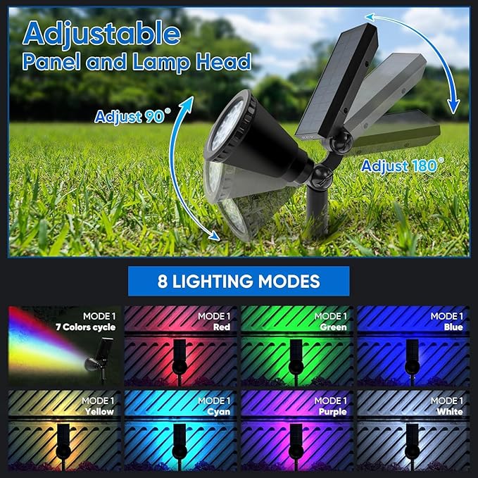 KEV Solar Spot Lights Outdoor18 LEDs Color Changing RGB Solar Flood Lights with 8 Modes &ampIPX65 WaterproofHalloween Solar Spotlight for Driveway/Backyard/Landscape/Tree(Multicolor2 Pack)