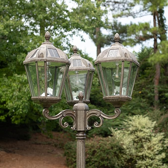 Gama Sonic Royal Bulb Solar Lamp Post Light Kit 89 inch Tall Outdoor Triple Head Weathered Bronze Cast Aluminum Rain Water Glass Light Pole Warm White 2700K 98B303 (Upgraded Panel)