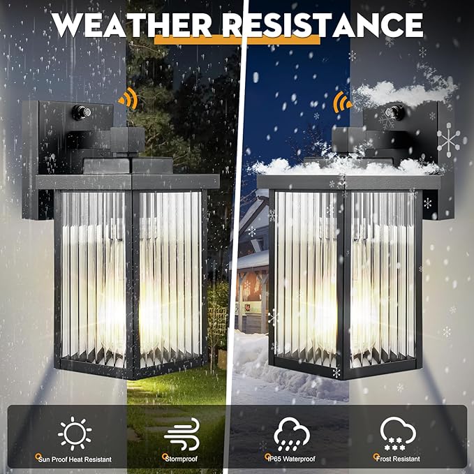2 Pack Dusk to Dawn Outdoor Lighting Modern Wall Sconce with Textured Glass Waterproof IP65 Exterior Light Fixture Soft Glow Warm Ambiance for Front Door Porch Garage 10.6 Inch Height Black