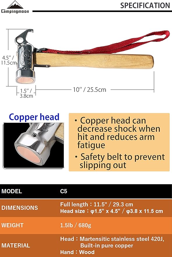 CAMPINGMOON Camping Hammer Peg Tent Stake Hammer Stainless Steel Built-in Pure Copper Head Wood Hand with Tent &amp Tarp Stake Remover C5