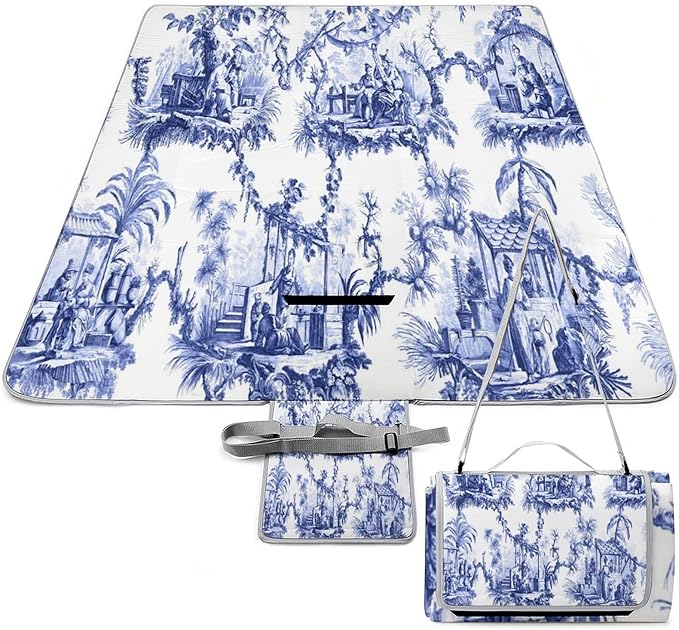 Blue and White Chinese Style Chinoiserie Folk Waterproof Outdoor Picnic Blanket Sandproof Beach Mat for Camping Hiking Grass Travelling