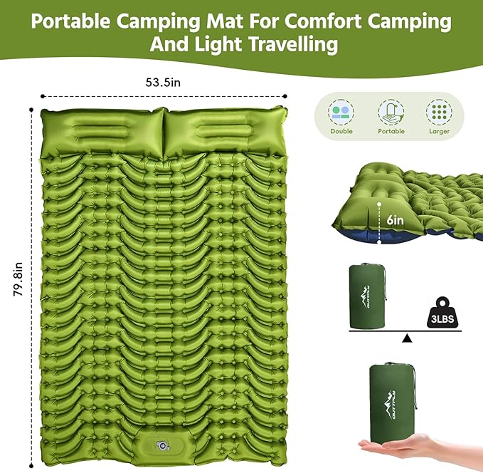 Double Sleeping Pad for Camping Self Inflating 4 Extra Thick Camping Sleeping Pad for 2 Person with Pillow Built-in Foot Pump Portable Sleeping Mat for Backpacking Hiking Travel Tent