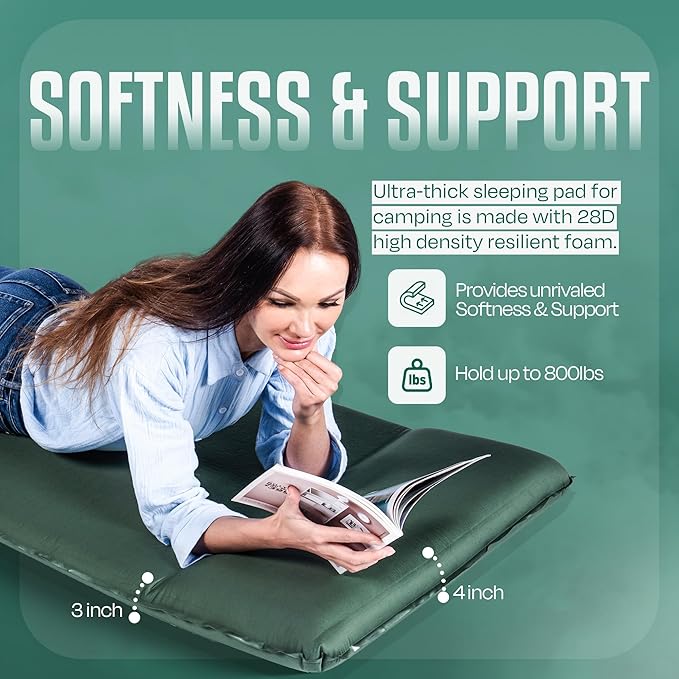 Throntrax Camping Sleeping Pad - Ultralight Camping Mat with Pillow Built-in - 3.1 Thick | Self-Inflating &amp Suitable for All Seasons - Compact Sleeping Pad for Camping - Green